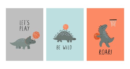 Cute Dinosaurs playing basketball - vector illustration in flat style. Cartoon dino with basketball © NadezdaBarkova