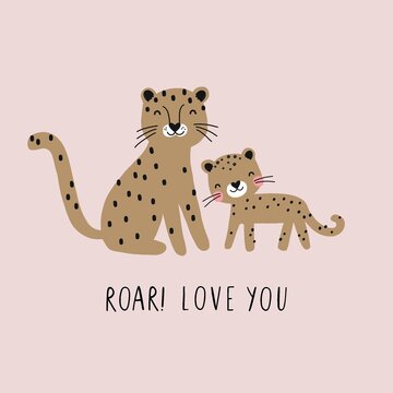 Vector card with cute leopard. Flat style print for kids