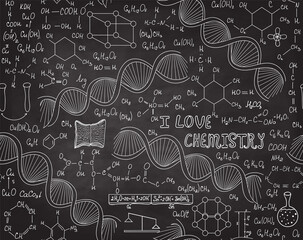 Scientific chemistry vector seamless pattern with handwritten chemistry formulas and the words "I love chemistry"