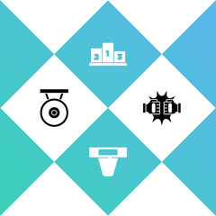 Set Gong, Groin guard, Award over sports winner podium and Punch boxing gloves icon. Vector.