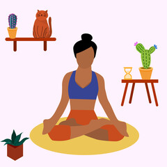 Woman meditating at home. Concept illustration for yoga, meditation, relax, recreation, healthy lifestyle. Vector illustration in flat cartoon style.
