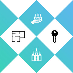 Set House plan, Skyscraper, and key icon. Vector.