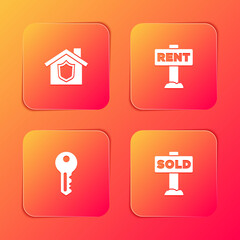 Set House with shield, Hanging sign Rent, key and text Sold icon. Vector.