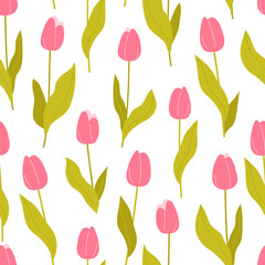 Seamless pattern of pink tulips on a white background. Beautiful spring flowers. Use for textile, postcards,wallpaper, wrapping paper. Vector illustration in flat style.