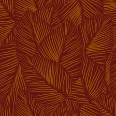 Leaves Seamless Pattern. Simple Line Art Leaf Drawing. Black Line Leaves on White Background. Hand Drawn Botanical Pattern. Vector EPS 10