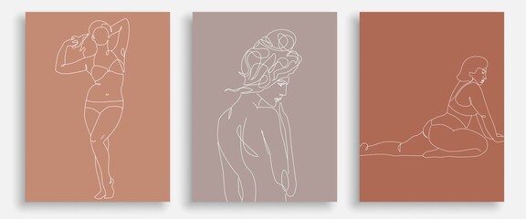 Woman Body Continuous Line Drawing Prints Set of 3. Woman One Line Abstract Portrait. Female Figure Minimalist Contour Drawing. Vector EPS 10.