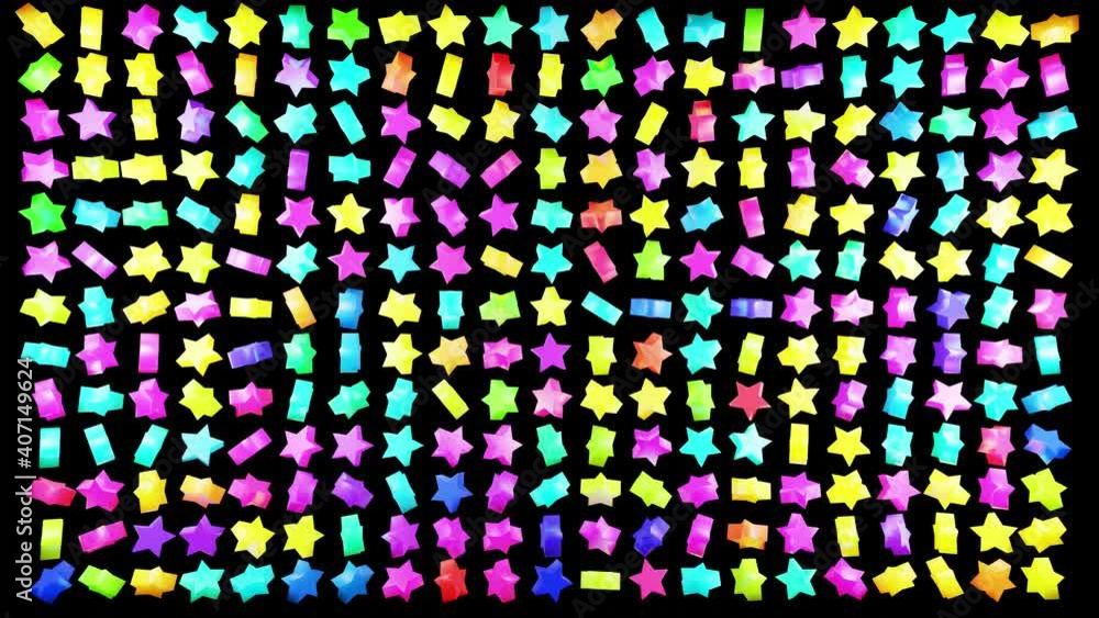 Poster abstract festive background light bulbs with star shape on plane. Multi-colored stars rotate. VJ loop as amazing beautiful bg in 4k. Smooth wiggling animation, 3d rendering