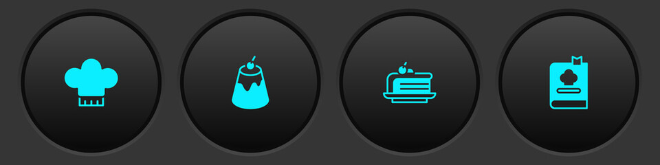 Set Chef hat, Pudding custard, Piece of cake and Cookbook icon. Vector.