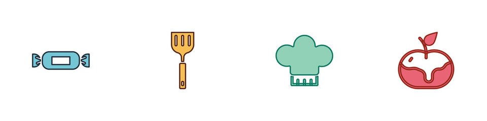 Set Candy, Spatula, Chef hat and Apple in caramel icon. Vector.