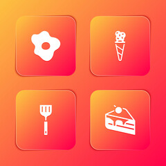 Set Scrambled eggs, Ice cream in waffle cone, Spatula and Piece of cake icon. Vector.