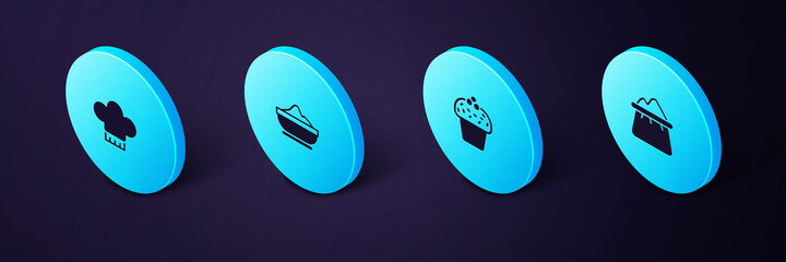 Set Isometric Bag of flour, Cake, Flour bowl and Chef hat icon. Vector.