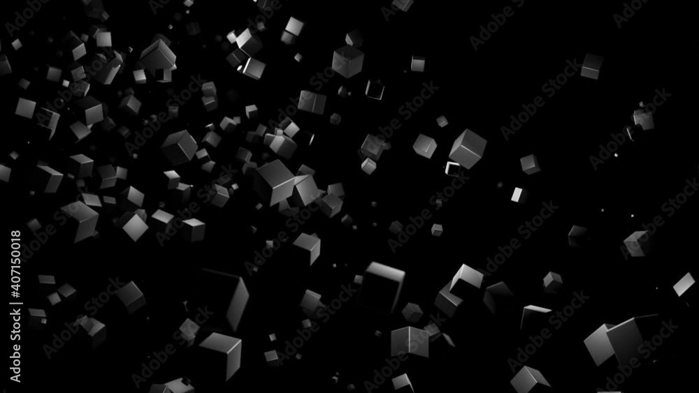 Poster 3d abstract dark geometric background with gray cubes flash with multicolor neon light in 4k randomly. Smooth looped animation. Cubes fly in the air. Creative simple motion design bg with 3d objects.