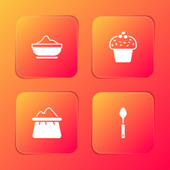 Set Flour bowl, Cake, Bag of flour and Spoon icon. Vector.
