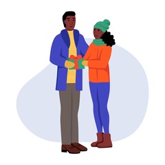 A young man and a woman in winter clothes with gifts in their hands. A couple in love exchanges gifts. Flat cartoon vector illustration. Valentine's Day