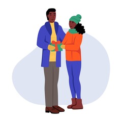 A young man and a woman in winter clothes with gifts in their hands. A couple in love exchanges gifts. Flat cartoon vector illustration. Valentine's Day