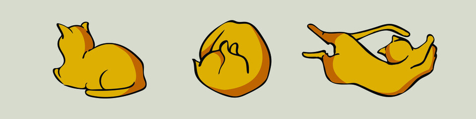 Set of cute yellow cats isolated. Adorable kitty doodle, cartoon character sketch. Graphic outlined pets for prints, fabric texture pattern. Contour drawing meow kitten collection for tattoo, postcard