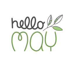 Spring lettering "Hello MAY" with plant leaves. Vector for greeting, new month, typographic design.