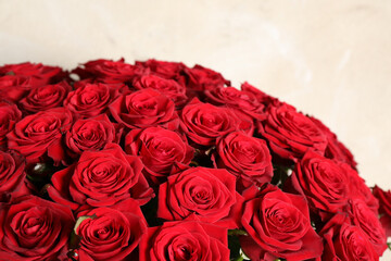 Luxury bouquet of fresh red roses on light background, closeup