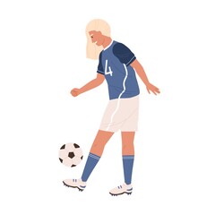 Young female soccer player exercising and kicking ball up. Woman in blue sports uniform, boots and football stockings. Colorful flat vector illustration isolated on white background
