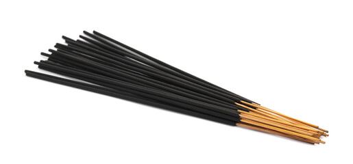 Many aromatic incense sticks on white background