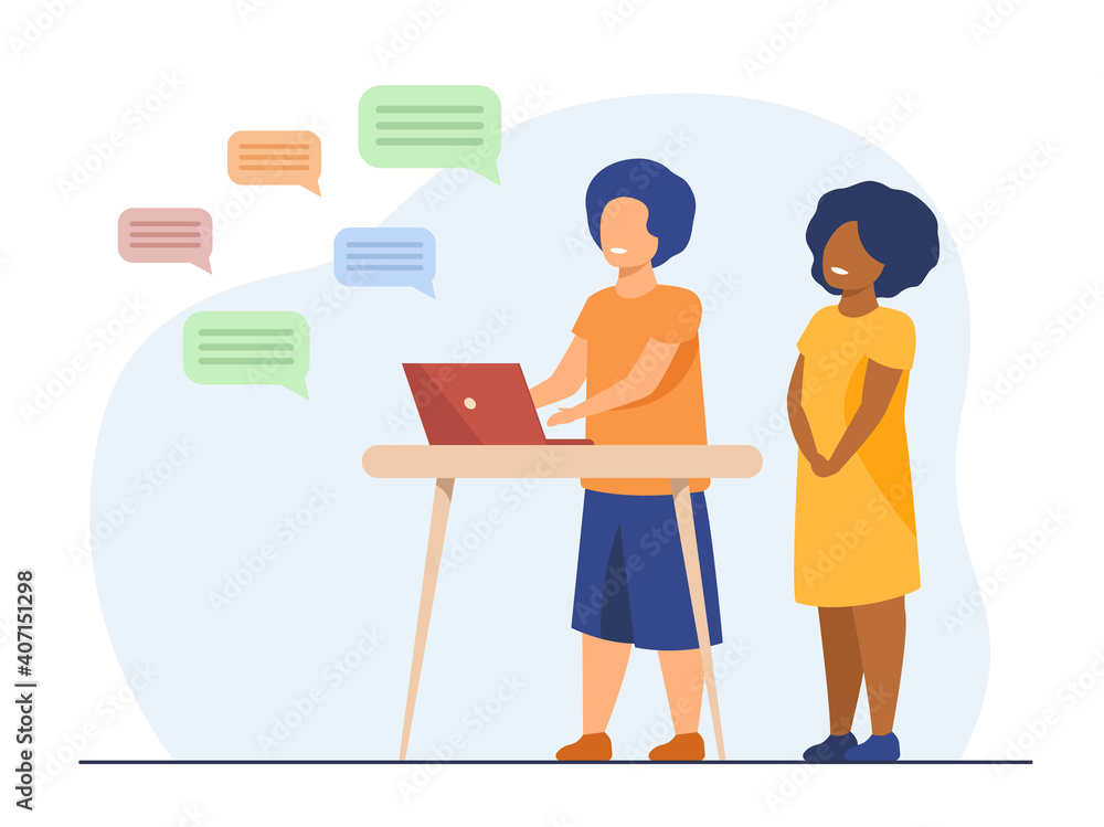 Canvas Prints kids chatting online. diverse couple of children using computer, texting messages. flat vector illus