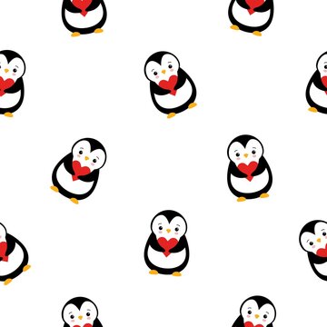 Vector seamless pattern of colored flat cartoon cute penguin with heart isolated on white background