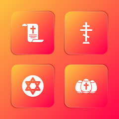 Set Decree, paper, parchment, scroll, Christian cross, Star of David and Easter egg icon. Vector.