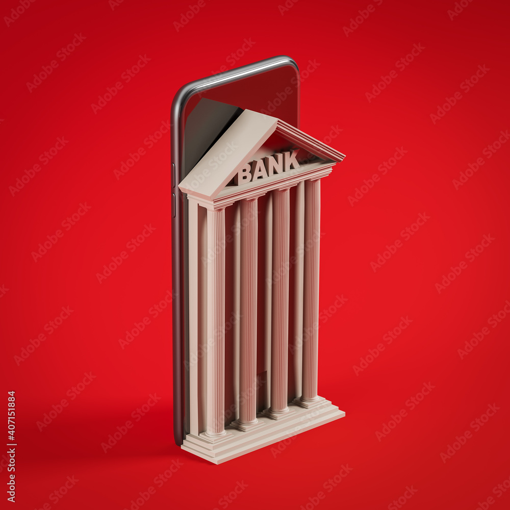 Poster modern smartphone on a red background. the smartphone screen has turned into an online bank. interne