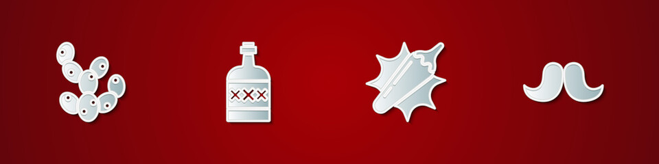 Set Cactus, Tequila bottle, Hot chili pepper pod and Mustache icon. Vector.