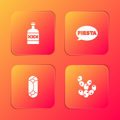 Set Tequila bottle, Fiesta, Burrito and Cactus icon. Vector.