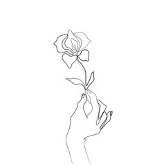 Hand holding flower, print for clothes, t-shirt, emblem or logo design, continuous line drawing, small tattoo, isolated vector illustration.