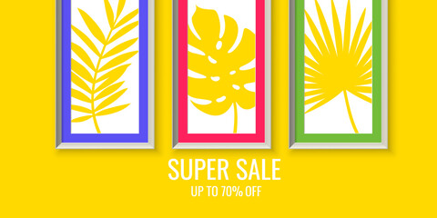 Original concept poster discount sale. Vector illustration with tropical leaves. Suitable for website design