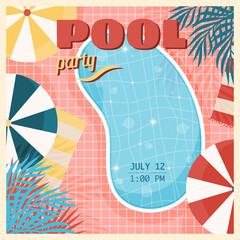 Pool party vintage card. Invitation template. Vector illustration.