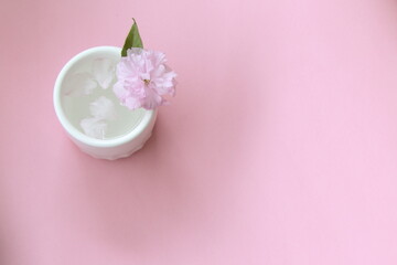 Top view of cherry blossom in white porcelain cup, petals scattered in wate