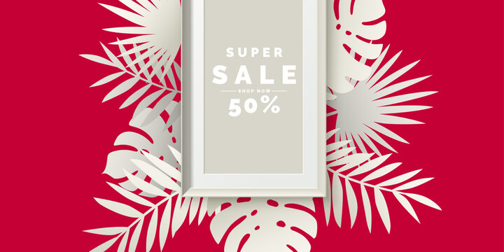 Original concept poster discount sale. Vector illustration with tropical leaves.