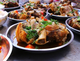 Chinese food, cooked meat on the chopping board, homemade traditional food