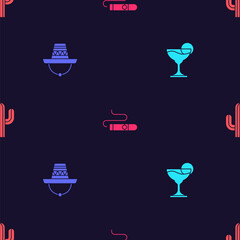 Set Margarita cocktail, Mexican sombrero, Cigar and Cactus on seamless pattern. Vector.