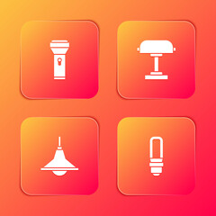 Set Flashlight, Table lamp, Chandelier and LED bulb icon. Vector.