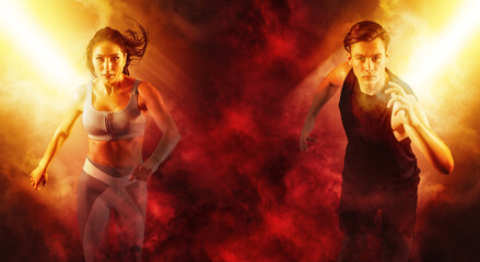 Sport collage. Man and woman on smoke background