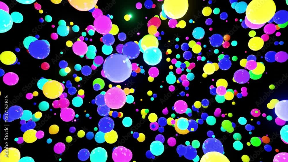 Poster abstract festive background with cloud of spheres flashing neon light randomly. multi-colored balls 