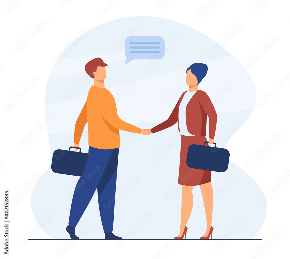 Wall mural Business partners saying hello or closing deal. Man and woman shaking hand. Flat vector illustration. Hiring, cooperation concept for banner, website design or landing web page