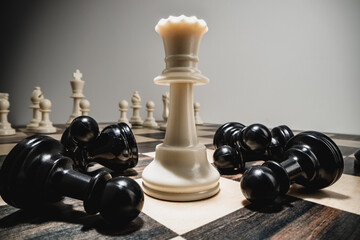 Chess figures on chess board macro photo