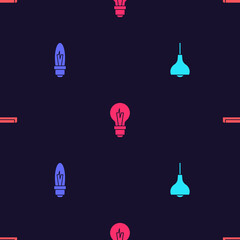 Set Lamp hanging, Light bulb, and Fluorescent lamp on seamless pattern. Vector.