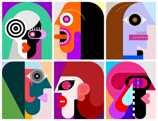 Gordijnen Zes mensen portretten moderne kunst vectorillustratie. Zes verschillende gezichten. ©  danjazzia