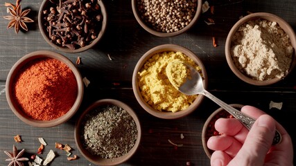 TOP VIEW: Chef takes by the spoon a spices in variety of colourful seasoning on a table