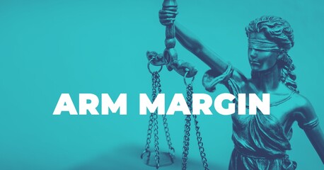 Naklejka premium ARM Margin. Close-up of a Lady Justice Statue. Duotone blue with white text. Law and lawyer symbol.