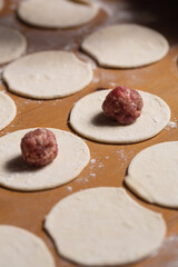 Dumplings making process, dough and minced meat