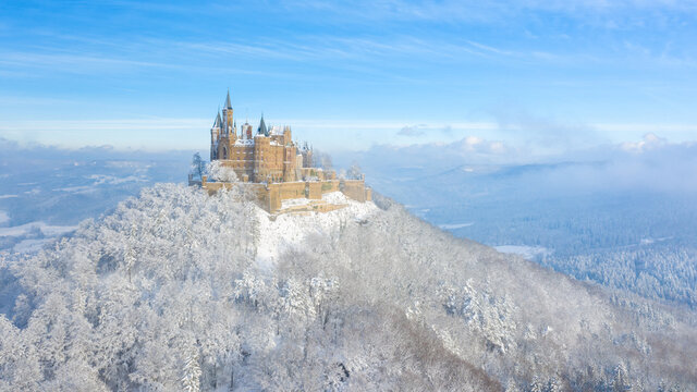 Aerial view of the Castle Hohenzollern in Germany by snowy winter