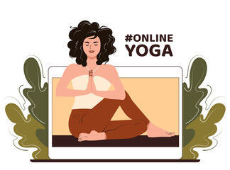 Young girl trainer is doing yoga on a laptop screen. Athletic woman practices meditation and stretching online. Cartoon vector flat illustration