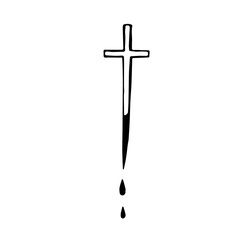 Cross with a sharp end with flowing blood. Aspen stake for killing a vampire. Hand drawn doodle black outline sketch halloween engraving tattoo. Stock vector illustration isolated on white background.